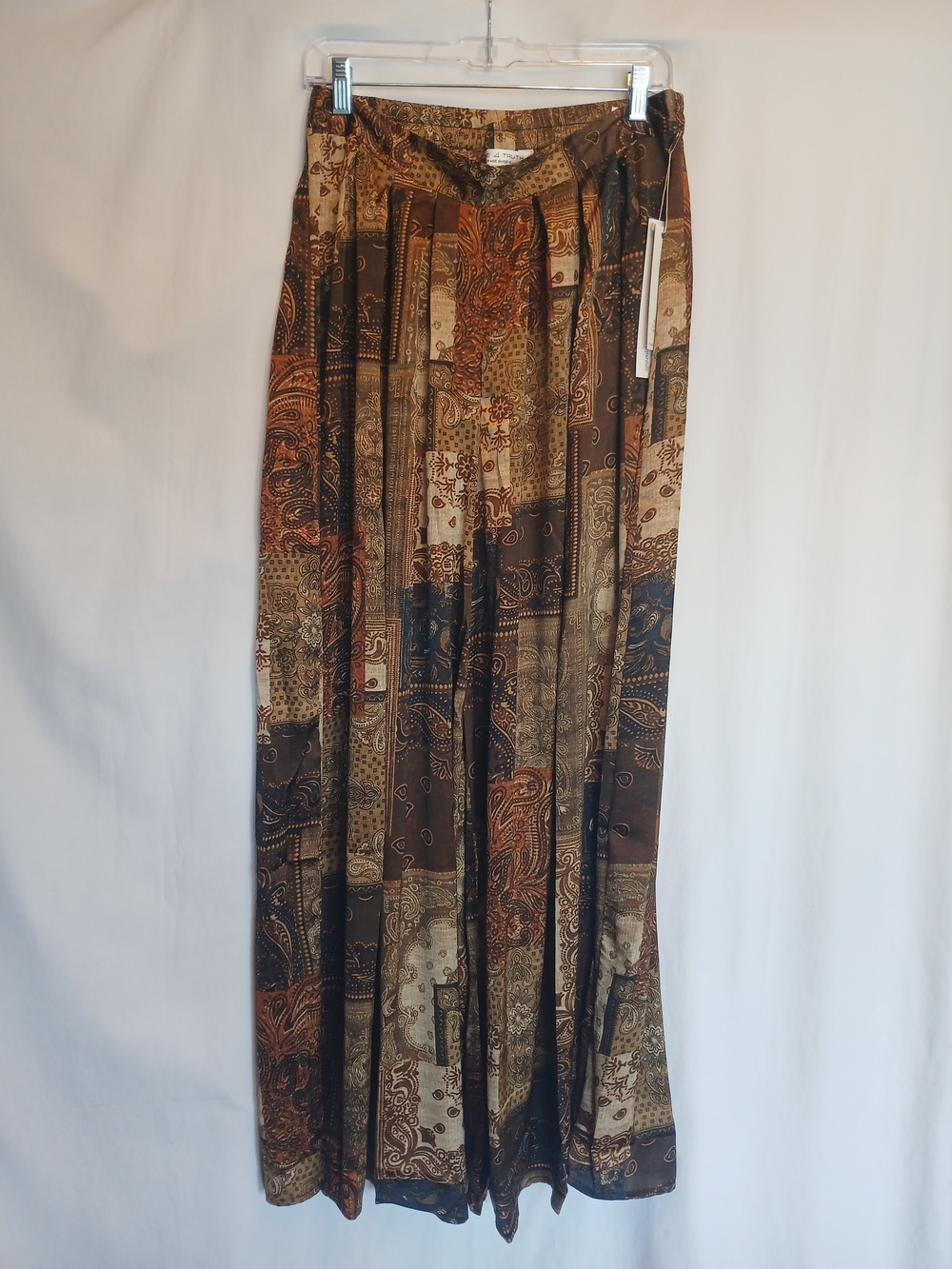 Brown Patchwork Scarf Print Super Wide Leg Flowy Pants L New!